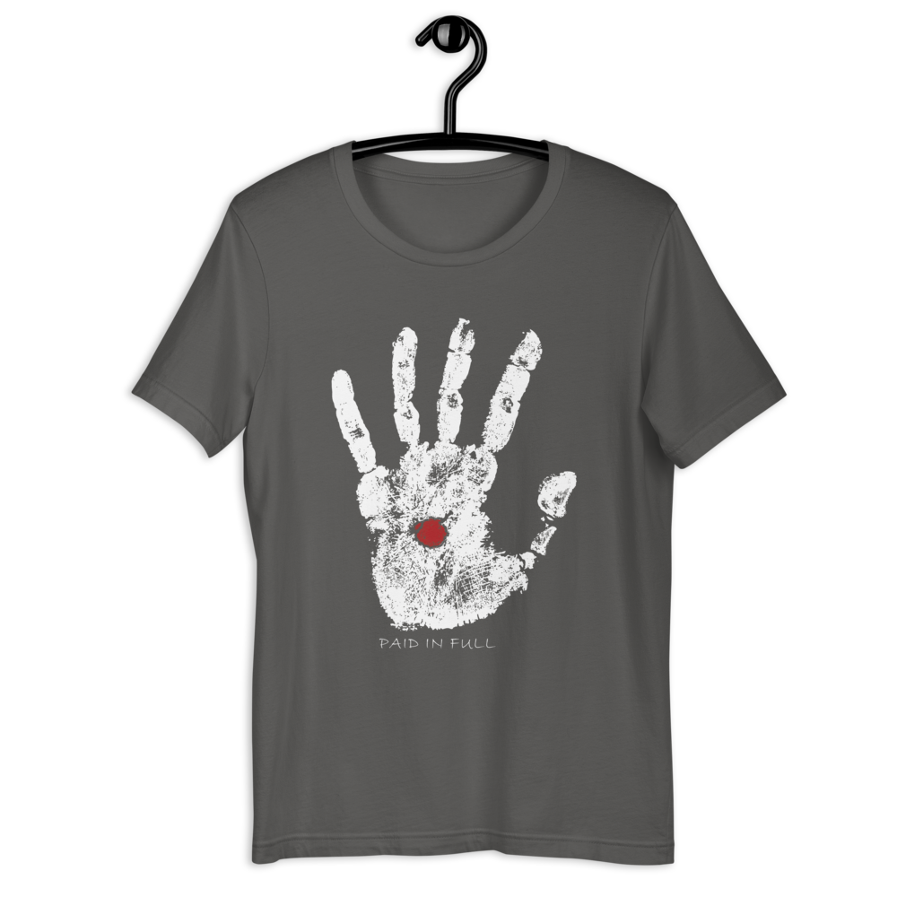 The asphalt Paid in Full mens t-shirt by deusdesign, displayed on a black backdrop, shows a large white handprint with a red mark on the palm reminiscent of the Jesus hand design. Beneath it, the words PAID IN FULL symbolize the ultimate sacrifice.
