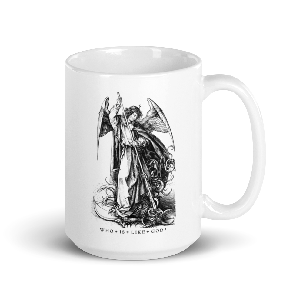 St Michael Archangel - Who is like God? - White glossy mug