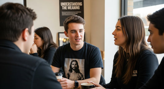 Jesus t-shirt cafe conversation