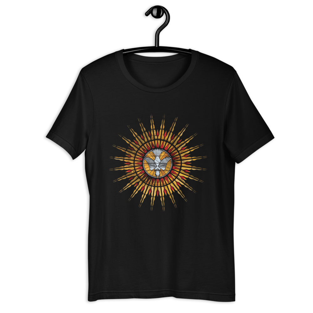 Holy Spirit T-Shirt - Black Front with stained glass dove